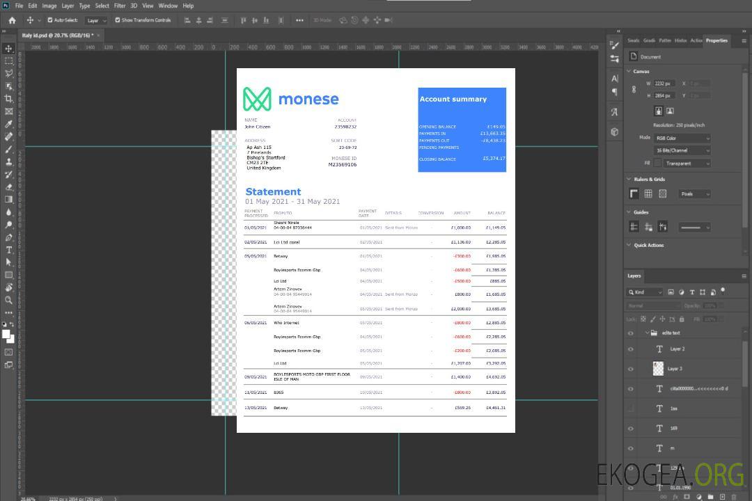 Modèle de relevé bancaire Monese du Royaume-Uni au format Excel et PDF template